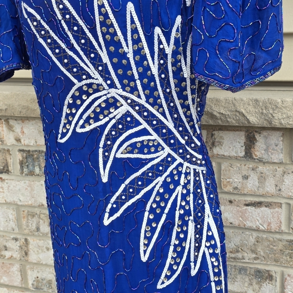 Vintage SWEELO Silk Beaded Blue Cocktail Dress 80s Art Deco Sheath M - Picture 3 of 16